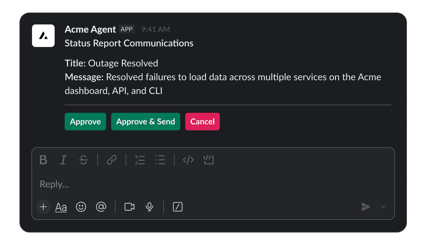 Example of a Slack approval card that requests your permission to send a status report